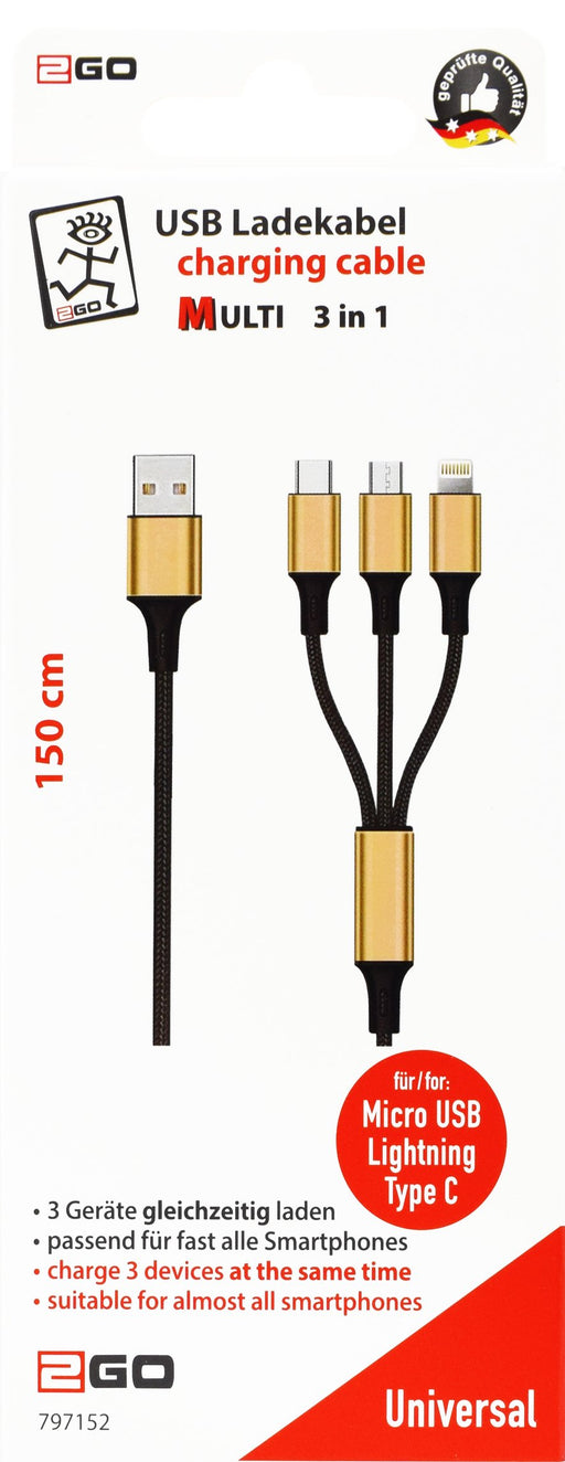 EAN 4010425971522 - 2GO 797152 cable USB 3 m USB B USB C/Micro-USB B/Lightning Negro, Oro imagen 2