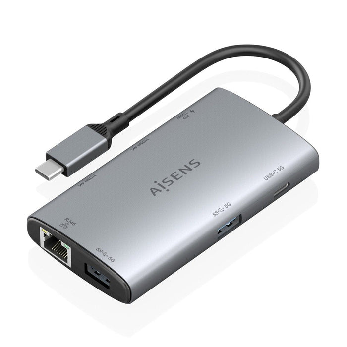 Aisens Usb-C Dock 7 En 1, Usb-C A 2xhdmi 4k, 1xrj45, 2xusb-A Usb3.0, 1xusb-C, 1xusb-C Pd100w, Gris, 20cm