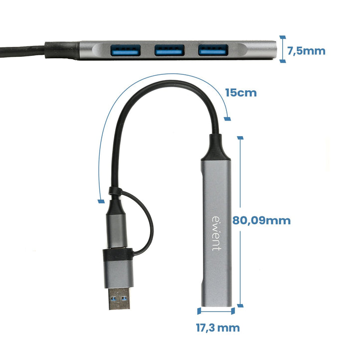 Hub Ewent Ew1154 Usb-C 3.2 Gen1 5gbps 1xusb-A 3.2 3xusb-A 2.0 Aluminio