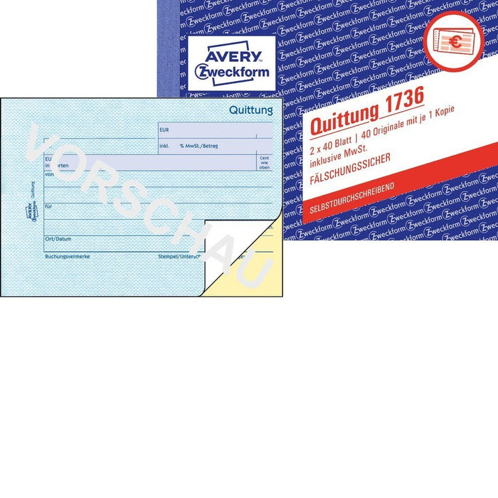 Avery Zweckform Quittung, Incluye. Mwst. Formularbuch 1736, 1 Unidades