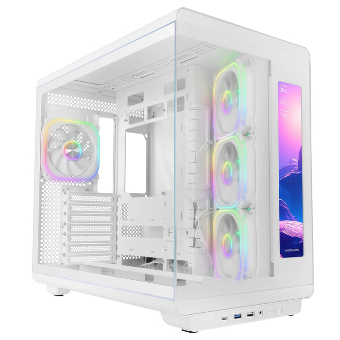 Caja Pc  Atx Mars Gaming Mc-Revmaxw Pantalla Lcd 11.8" Cristal Templado 4x Ventiladores Argb Blanco