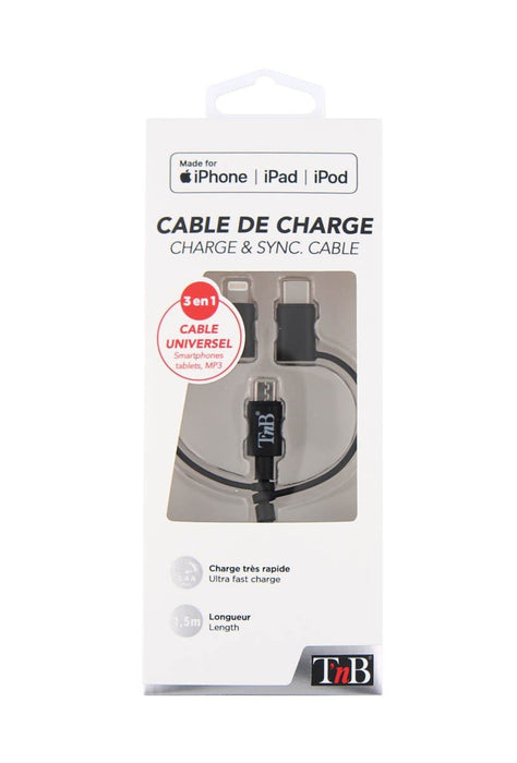 Câble T Nb 3en1 Usb - Lightning / Micro-Usb / Usb-C M/M 1,5m (Negro)