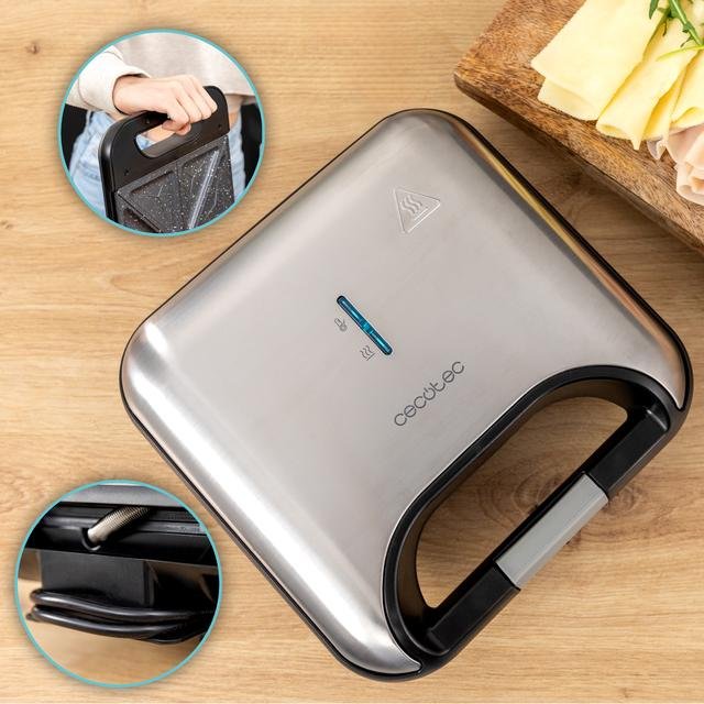Sandwichera Cecotec Rock'Ntoast Classic +. 800 W, 2 Sándwiches Con Acabados En Acero Inoxidable, Placas Triangulares Con Revestimiento Antiadherente, Libre De Pfoa, Asa Tacto Frío