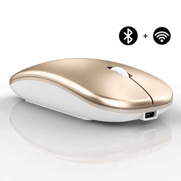 Raton Inalámbrico Recargable 2 En 1 Bluetooth + Usb 2.4g 1600 Dpi Ergonómico Oro