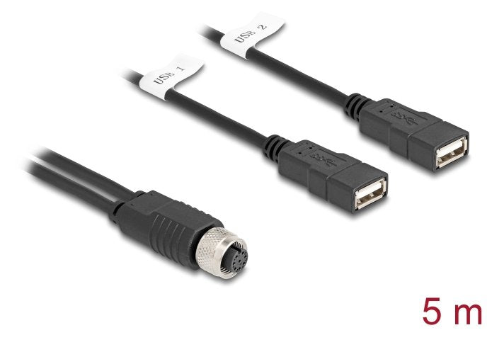 Delock M12 Cable A-Kodiert 8 Pin Buchse Zu 2 X Usb 2.0 Typ-A Buchse 5 M Schwarz
