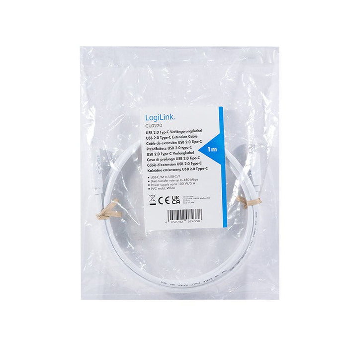 Logilink Usb 2.0 Type-C Cable, C M To C F, 480 Mbps, 100w, Blanco, 2 M