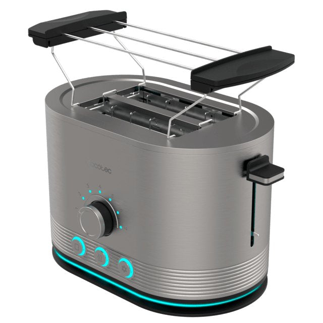 Tostadora Cecotec Vertical De Acero Con Doble Ranura Corta Shine&Toast Double. 850w, Capacidad Para 2 Tostadas, Ranuras Anchas De 3,8cm, Anillo Luminoso, 7 Niveles De Tostado, Varillas Superiores