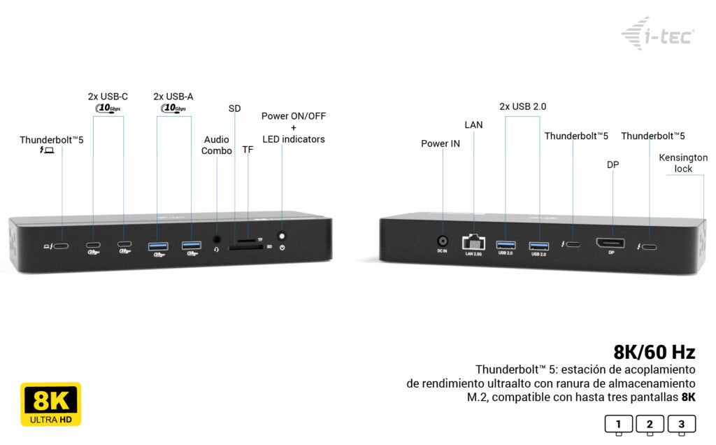 D I-Tec Tb5 Triple Displayds 2xtb5 1xdp 1x2,5glan 1xm.2 Slot 1xaudio Mic 2xusb-C Gen2 2xusb-A Gen2 2xusb 2.0 Sd+Tf Kartenleser Pd 140w