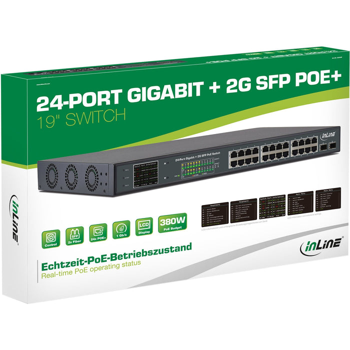 Switch De Red Inline Poe+ Gigabit 24 Puertos, 1gbit/S, 2x Sfp, 48,26cm (19", Soportes Incluidos), Metal, Control De Ventilador, Con Pantalla, 420w