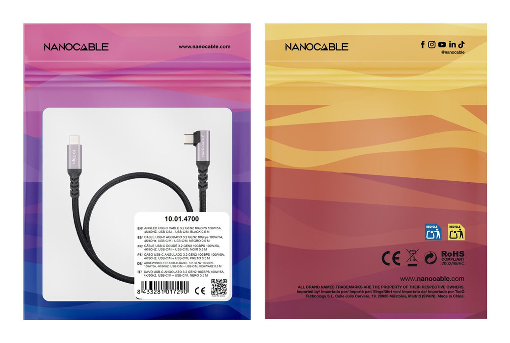 Cable Usb-C Acodado M/M 3.2 Gen2 100w 4k/60hz 1 M