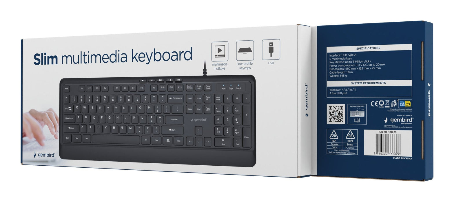 Gembird Slim Wired Multimedia Keyboard Negro Us Layout