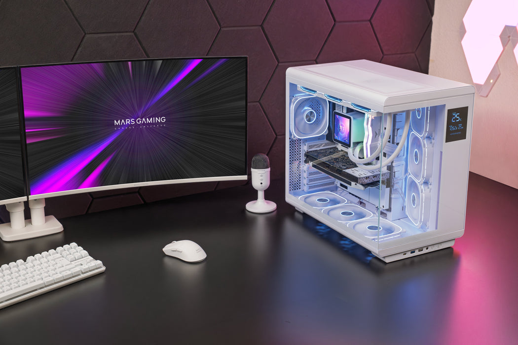 Caja Pc  Atx Mars Gaming Mc-Revpro Pantalla Lcd 4.3" Cristal Templado 4x Ventiladores Argb Blanco