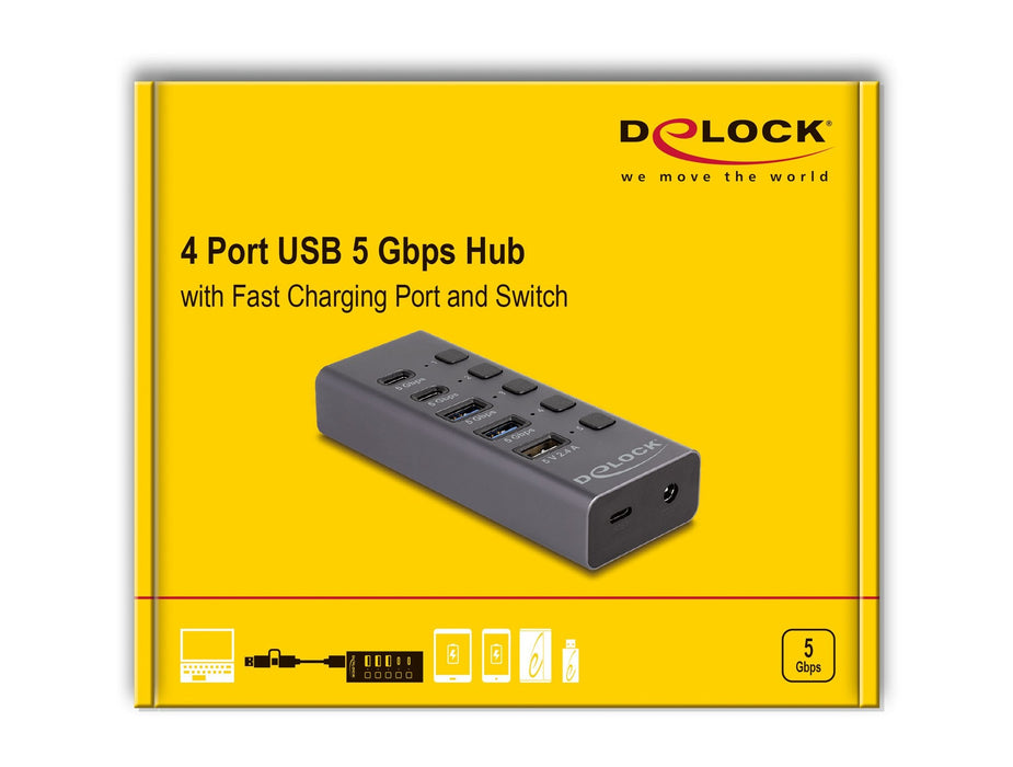 Usb 5 Gbps Hub Mit 2 X Usb Typ-A Und 2 X Usb Type-C Buchse Und 1 X Schnellladeport + Schalter
