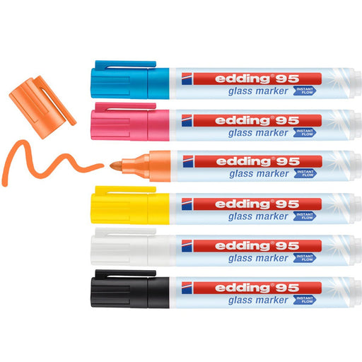 EAN 4057305045614 - Edding 95 Glass marcador 6 pieza(s) Punta redonda Negro, Azul, Naranja, Rosa, Blanco, Amarillo imagen 1