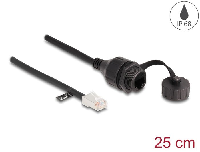Delock 88012 Cable Rj45 Macho A Rj45 Hembra Para Empotrar Con Tapa De Sellado Cat.5e Ftp Ip68 Resistente Al Polvo Y Al Agua 25 Cm Negro