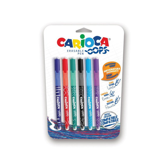 Carioca Oops Pack De 6 Boligrafos Borrables - Tinta Termo Sensible - Empuñadura Ergonomica Triangular - Punta De 0.7mm