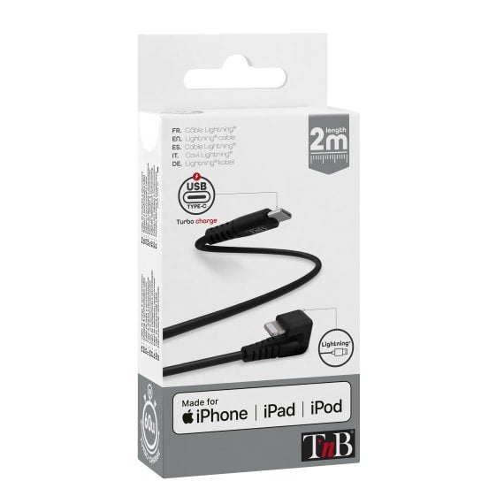 Câble T Nb Usb Type C - Lightning M/M 2m Coudé 180° (Negro)