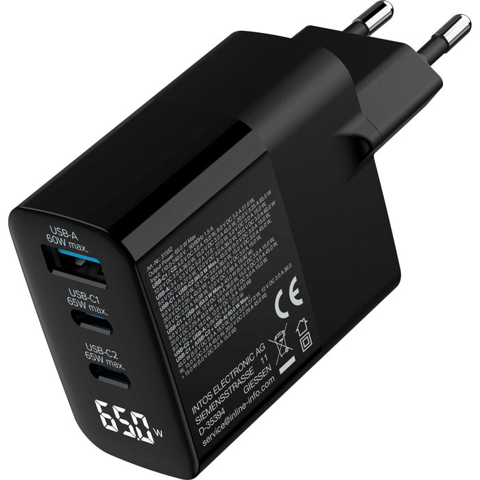Inline® Usb Pd Power Supply, Gan Charger, 3-Port, Usb-C + Usb-A, 65w, W/ Display