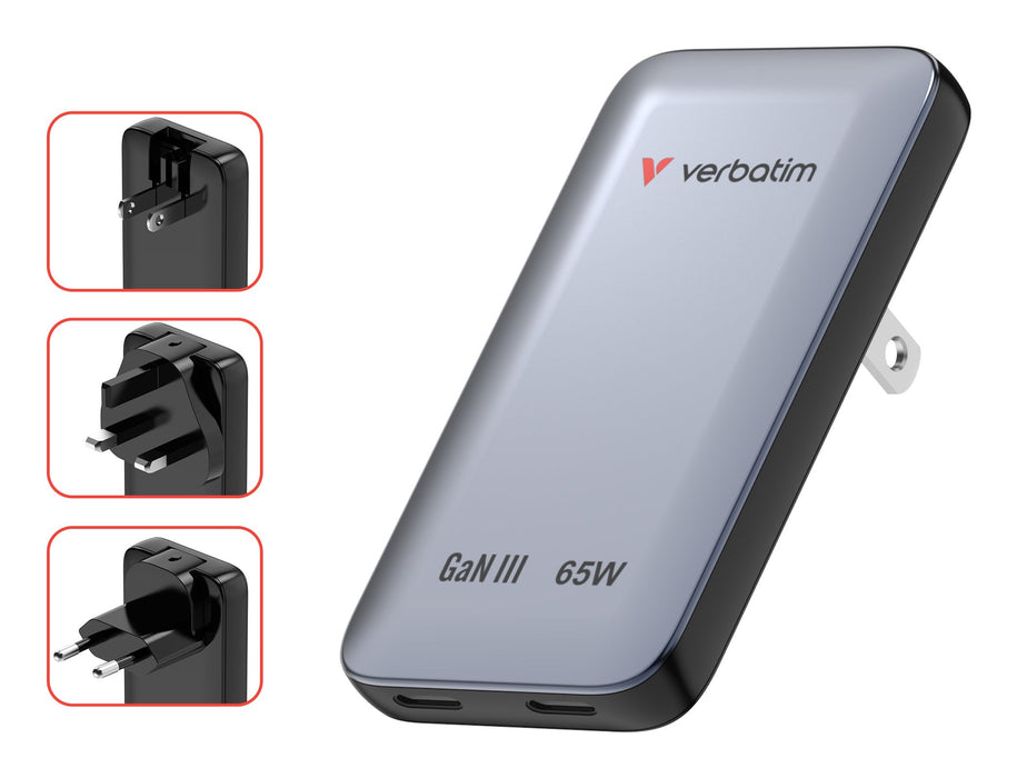 Verbatim Slim Gan Charger 2 Port 65w Eu Uk Us Gris