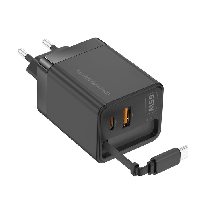 Cargador Usb Gan Mars Gaming Md-Gan65r 65w 1xusb-C 1xusb-A Cable Retractil Pd Color Negro