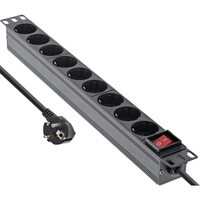 Regleta Inline De 19", Contacto De Protección De 9 Contactos, Con Interruptor, 2 M, Negro