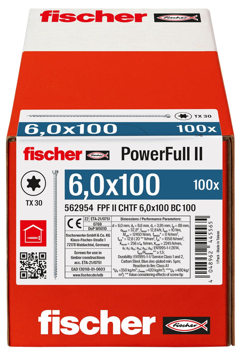 Tornillo De Construcción Para Madera Fischer Powerfull Ii 6,0x100 Zk Tx Vg 100 Piezas, Rosca Completa, Galvanizado 562954