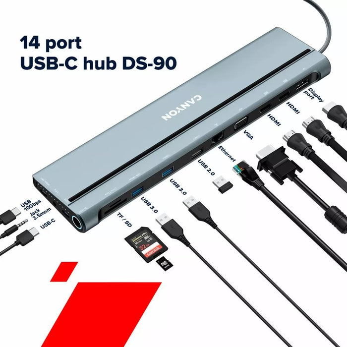 Docking Usb Tipo-C Canyon Cns-Hds90 1xvga 2xhdmi 1xdisplayport 3xusb 1xrj45 1xaudio 1xusb Tipo-C 1xusb Tipo-C Pd 1xlector Tarjetas