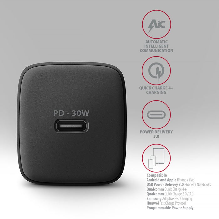 EAN 8595247908315 - Axagon ACU-PD30 kroviklis jungiama tinkl PD 30W, 1x port USB-C, PD3.0/QC3.0/AFC/FCP/Apple Juoda Teléfono  imagen 4