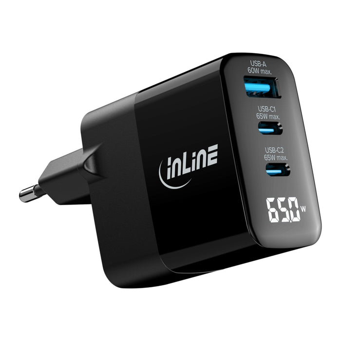 Inline® Usb Pd Power Supply, Gan Charger, 3-Port, Usb-C + Usb-A, 65w, W/ Display