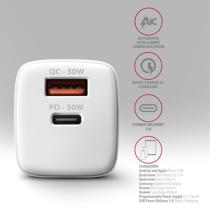 EAN 8595247907110 - Axagon ACU-PQ30W Ladegerät QC3.0.4.0/AFC/FCP/PPS/Apple+ PD USB-C 30W - weiß - USB Typ C Teléfono móvil, S imagen 4