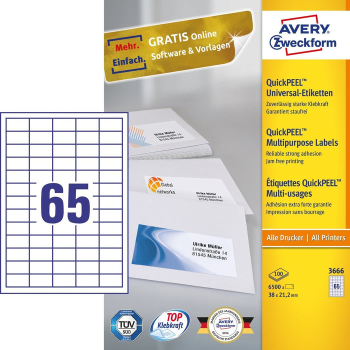 EAN 4004182036662 - Avery 3666 etiqueta autoadhesiva Rectángulo Permanente Blanco 6500 pieza(s) imagen 1
