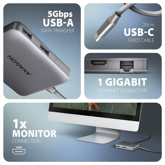 EAN 8595247907516 - Axagon N HMC-5HL USB 5Gbps hub 2x USB-A HDMI 4k/60Hz RJ-45 GLAN PD 100W kabel USB-C Alámbrico USB 3.2 Gen imagen 3