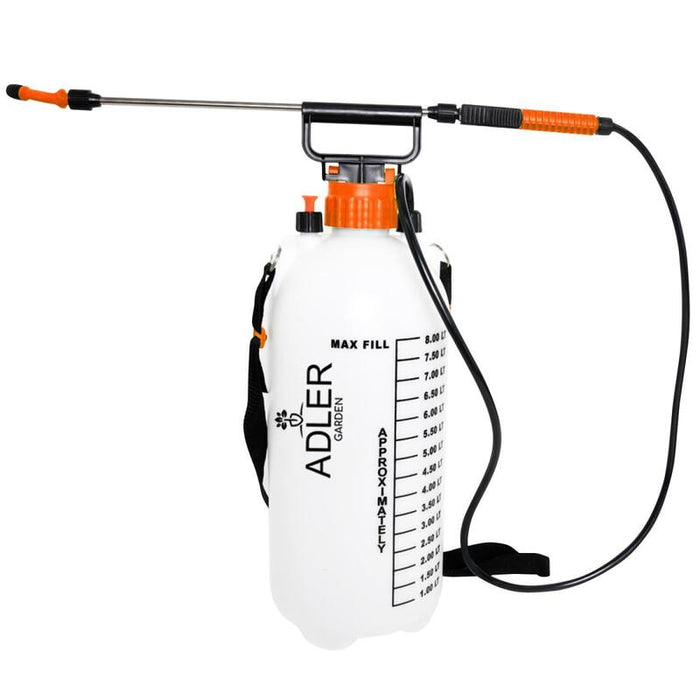 Adler Europe Pulverizador Agua Manual De 8 L Con Lanza De Acero Inoxidable De 82 Cm Y Manguera De 125 Cm  2,5 Bar  Botella De Bomba Con Boquilla Ajustable  Válvula De Seguridad