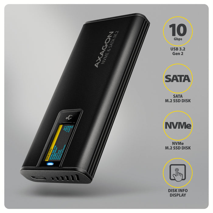 Eem2-Sd2b Obudowa Zewnetrzna Aluminiowa Bezsrubowa Usb-A/C 3.2 Gen2 M.2 Nvme/Sata Wyswietlacz Led, Czarny