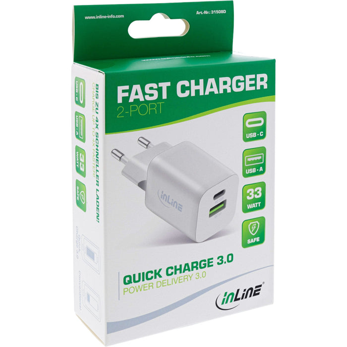 Inline® Usb Power Supply, Charger Usb-A + Usb-C, 33w, Pd + Qc, White
