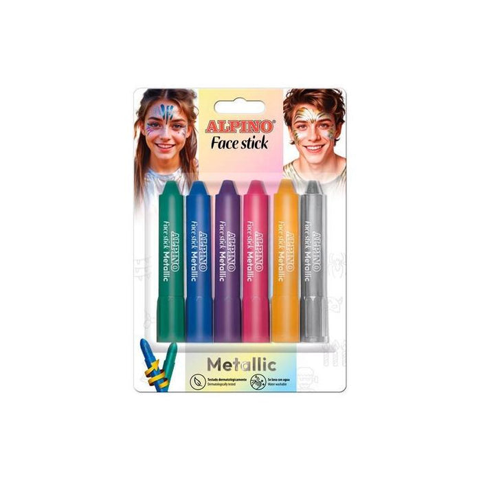 Alpino Fiesta Face Stick Metallic Pack Con 6 Barritas De Pintura Facial - Sistema Retractil Giratorio - Se Lava Con