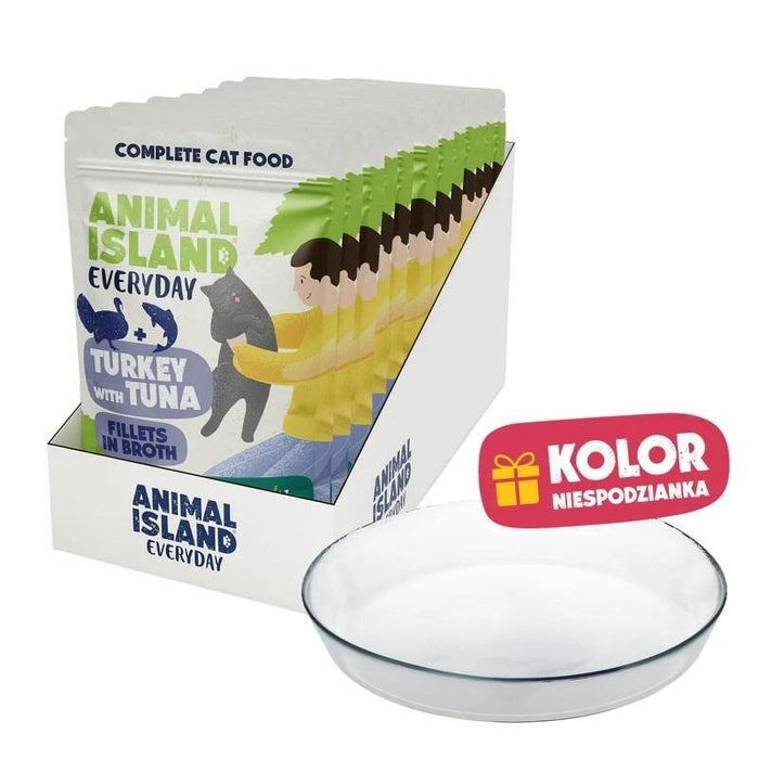 Animal Island Pack Con Platito De Cristal Alimento Húmedo Completo Para Gatos Filetes De Pavo Con Atún En Caldo Arándano Inulina Sobres, 12 X 85g Color Del Platito Aleatorio