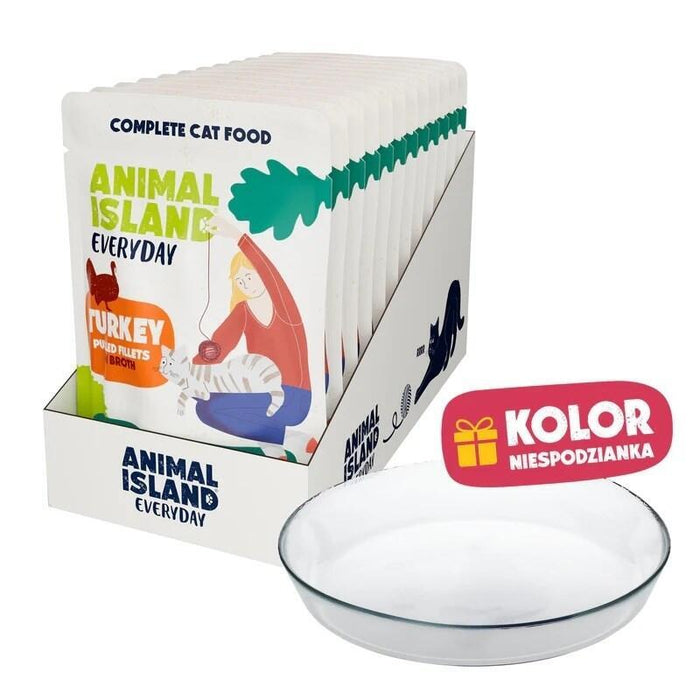 Animal Island Pack Con Platito De Cristal Alimento Húmedo Completo Para Gatos Filetes De Pavo Con Pollo En Caldo Everyday Sin Cereales Sobres, 12 X 85g Color Del Platito Aleatorio