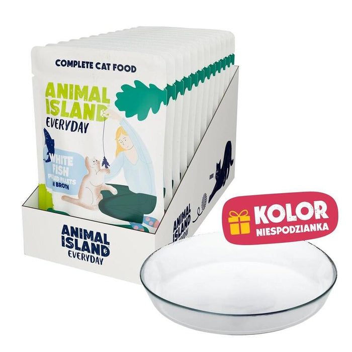 Animal Island Pack Con Platito De Cristal Alimento Húmedo Completo Para Gatos Filetes De Pescado Blanco Con Pollo En Caldo Sin Cereales Sobres, 12 X 85g Color Del Platito Aleatorio