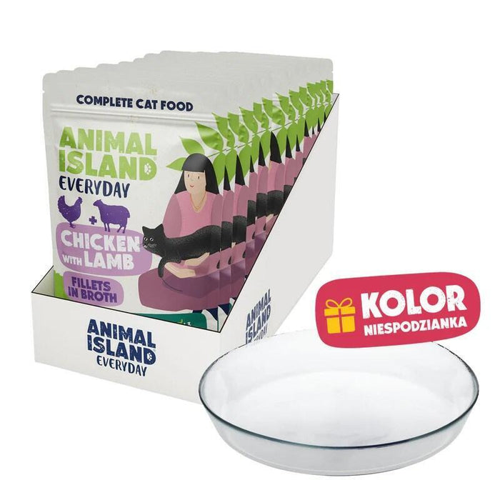 Animal Island Pack Con Platito De Cristal Alimento Húmedo Completo Para Gatos Filetes De Pollo Con Cordero En Caldo Arándano Inulina Sobres, 12 X 85g Color Del Platito Aleatorio