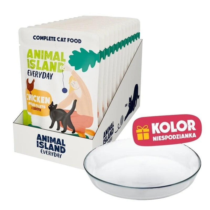 Animal Island Pack Con Platito De Cristal Alimento Húmedo Completo Para Gatos Filetes De Pollo En Caldo Sin Cereales Sobres, 12 X 85g Color Del Platito Aleatorio