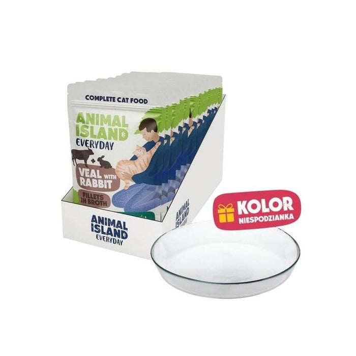 Animal Island Pack Con Platito De Cristal Alimento Húmedo Completo Para Gatos Filetes De Ternera Con Conejo En Caldo Arándano Inulina Sobres, 12 X 85g Color Del Platito Aleatorio