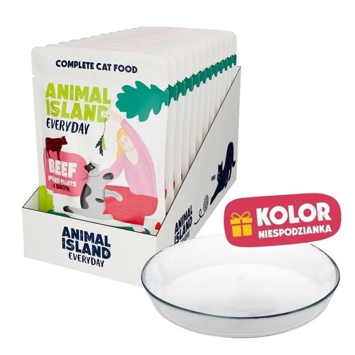 Animal Island Pack Con Platito De Cristal Alimento Húmedo Completo Para Gatos Filetes De Ternera En Caldo Sin Cereales Sobres, 12 X 85g Color Del Platito Aleatorio