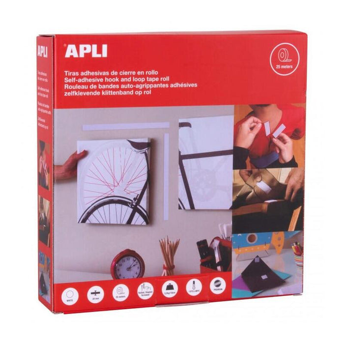 Apli Cinta Gancho Bucle Adhesiva Cierre Tipo Velcro Rollo 20mmx25m Blanco