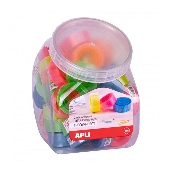 Apli Expositor Con 50 Cintas Adhesivas Transparentes 19 Mm X 20 M - Fuerte Adhesion - Colores De Mandriles Surtidos