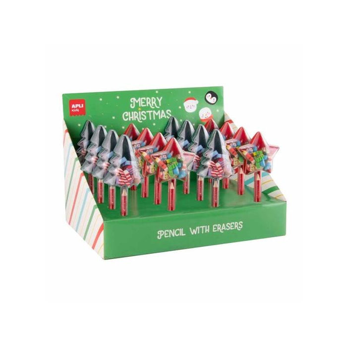 Apli Navidad Expositor Con12 Packs De Lapices Con Mini Gomas De Borrar - Diseños Navideños Diferentes