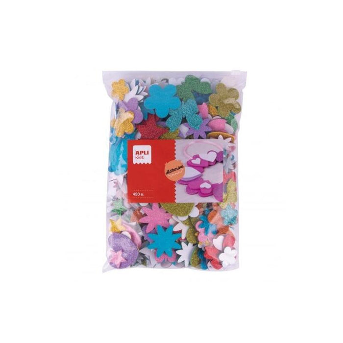 Apli Pack De 450 Formas De Goma Eva Adhesiva Con Purpurina - Estrellas, Corazones, Flores Y Mariposas - Grosor 2mm -