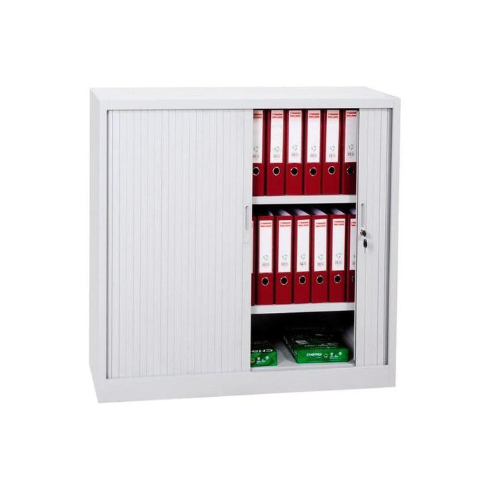 Armario Metálico Dos Puertas Persiana Correderas 105x102x45 Cm (Ancho X Fondo X Alto) Incluye 2 Baldas Acabado En Gris. (Montado)