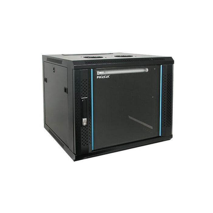 Armario Rack Mural 19" Phasak 18u   600x600 Negro + Ventilacion/Luz Azul