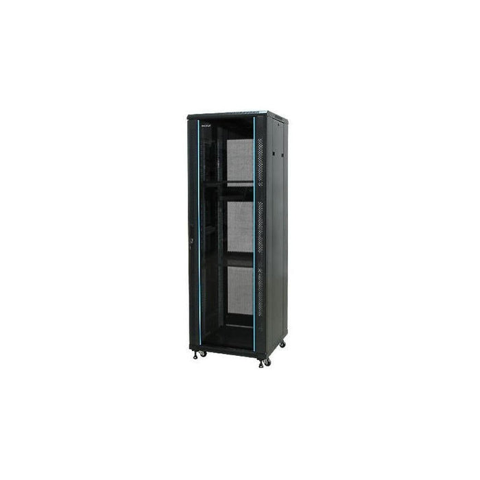 Armario Rack Suelo 19" Phasak-Pro 42u 600x600 Negro, 2 Bandejas Fijas+Ventilación X4-12" + Regleta X6